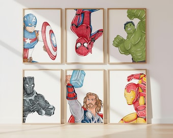 Superhero Nursery Prints: Set of 6 Boys Room Wall Art (Digital Download)