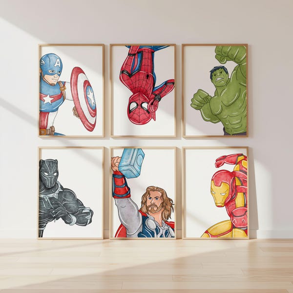Superhero Nursery Prints: Set of 6 Boys Room Wall Art (Digital Download)