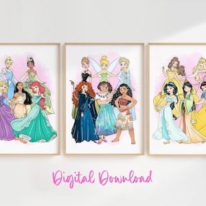 Arte mural digital de princesas: juego de 3 láminas con salpicaduras de acuarela rosa para decorar la habitación de tu bebé o sala de juegos. Descarga instantánea.