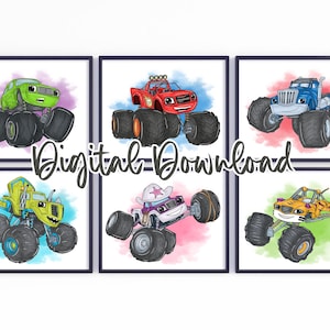 Arte mural colorido de Monster Truck: juego de 7 impresiones digitales de paisajes con salpicaduras de acuarela, ideal para habitación de niños o sala de juegos.