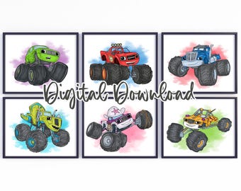 Monster Truck Art Prints – Set of 7 Kids Room Decor (Digital Download)