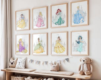水彩画風プリンセスプリント：おとぎ話をテーマにした子供部屋用