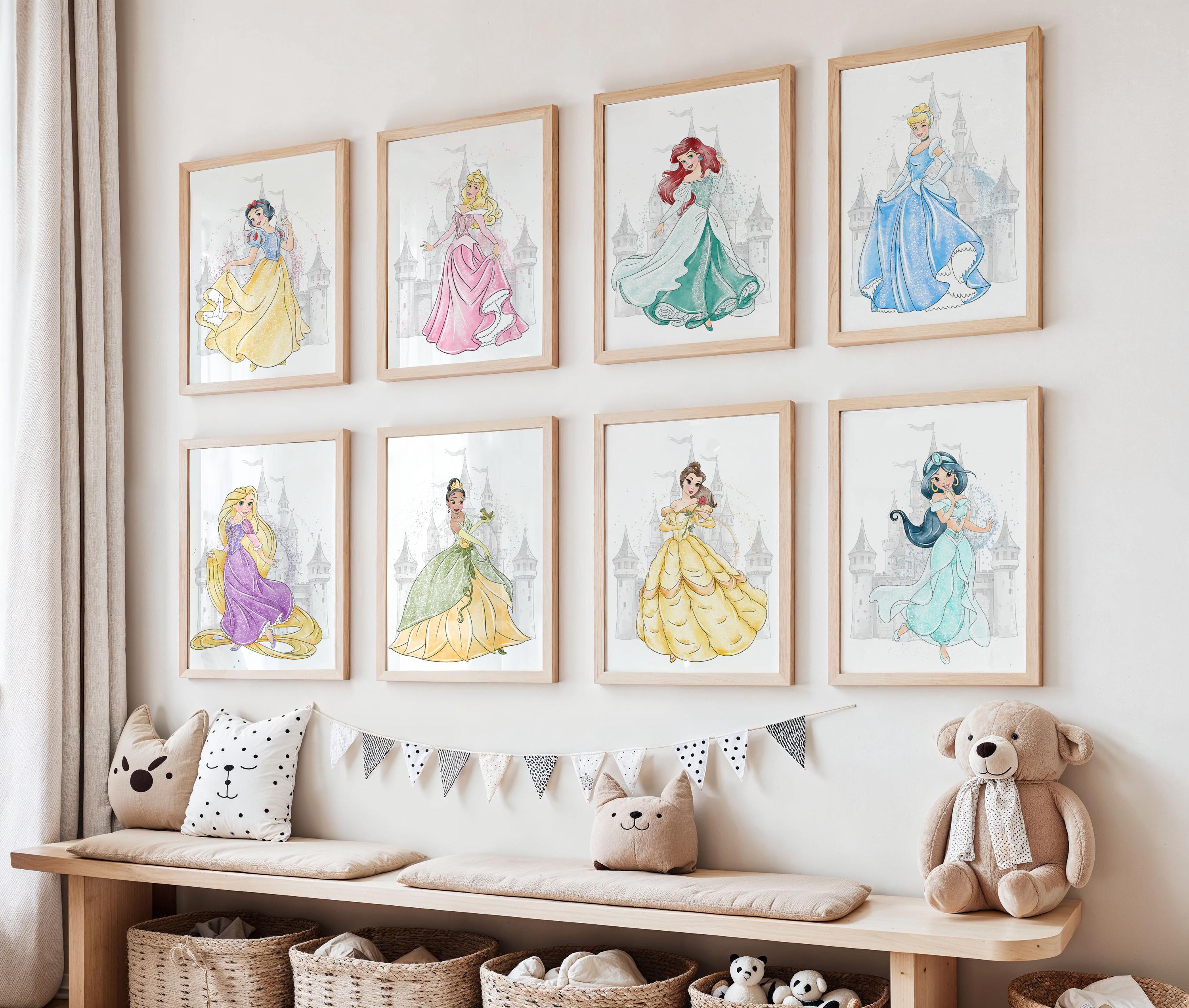 水彩画風プリンセスプリント：おとぎ話をテーマにした子供部屋用