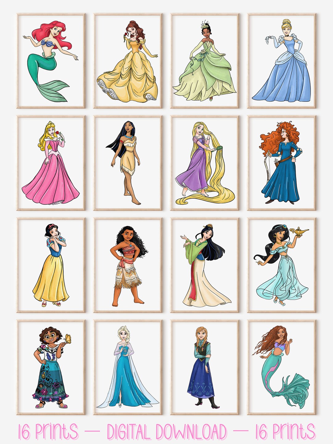 Princesses Wall Art – Set of 16 Digital Prints for Baby Girl Nursery ...