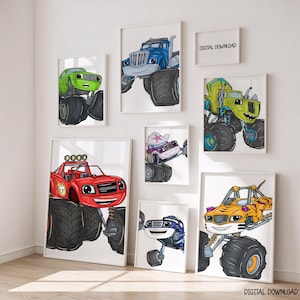 Monster Truck Wall Art – Set of 7 Digital Prints for Boys Room or Playroom, Printable Kids Truck Decor