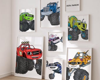 May include: A collection of framed prints featuring cartoon monster trucks in various colors, including red, blue, green, and yellow. Each truck has large tires and a smiling face. The text "DIGITAL DOWNLOAD" is visible on one of the prints.