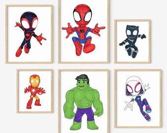 Spidey & Friends Superhero Prints: Kids Room Gallery Wall (Printed or Framed) (8x10", 11x14", 16x20")