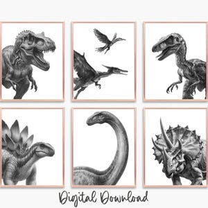 Schwarz-weiße Dinosaurier-Wandkunst - Set mit 6 digitalen Postern für Jungen und Mädchen, T-Rex, Triceratops, Stegosaurus