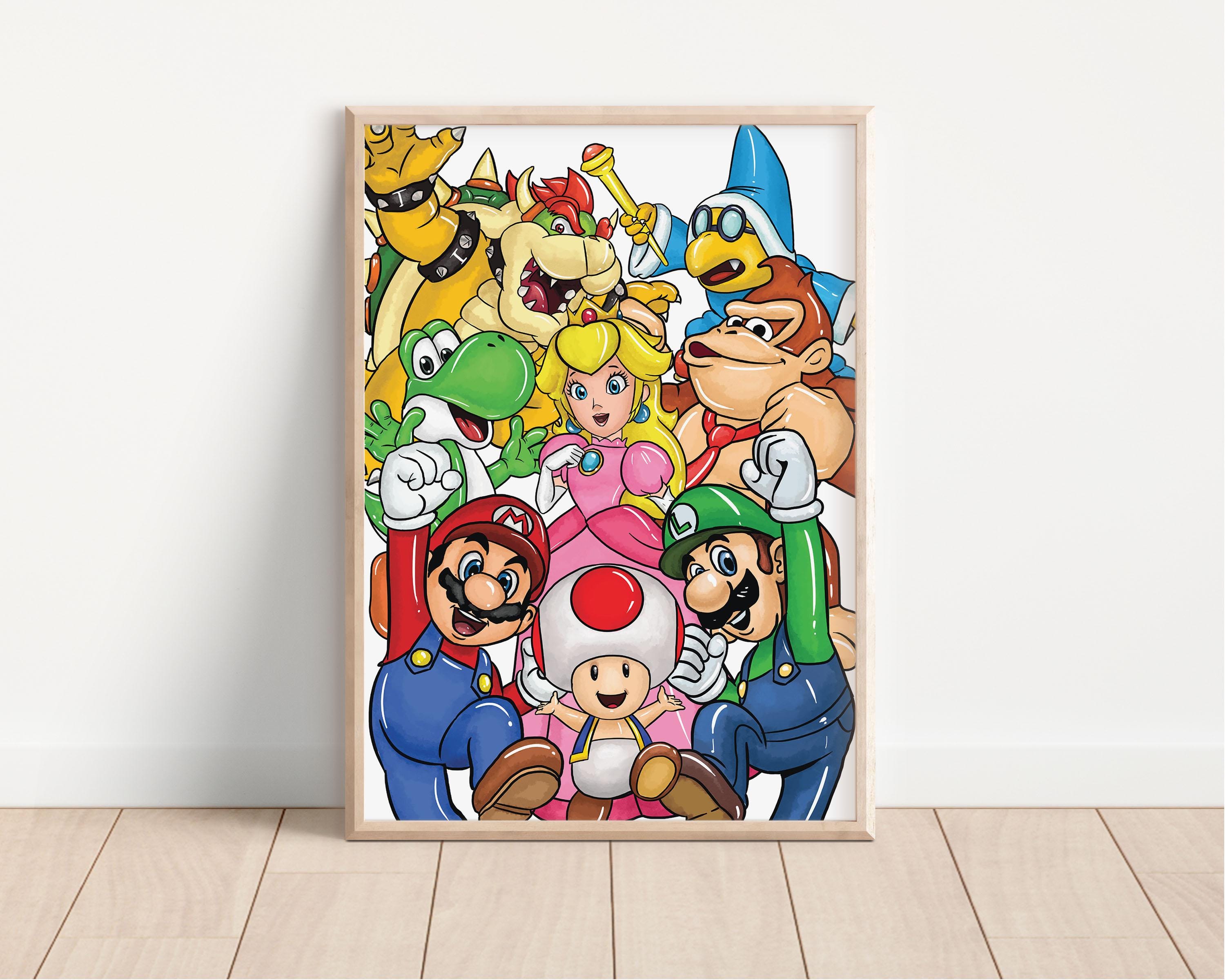 マリオと仲間たちのウォールアート – 子供向けゲームルーム用プリント