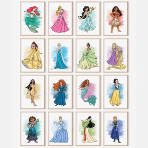 Arte digital de pared de princesas: juego de 16 láminas con fondos de acuarela, decoración para habitación infantil, habitación de niña, descarga instantánea
