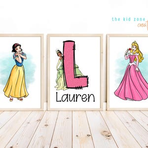 Custom Name Princess Wall Art – Set of 3 Fairy Tale Nursery Prints, Printed or Framed for Girls Room