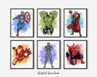 Digital Superhero Poster Set – 6 Printable Hero Prints for Boys Room, Nursery or Playroom Decor