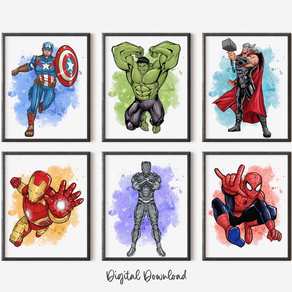 Superhero Splash Prints: Set of 6 Boys Room Playroom Wall Art (Digital Download)