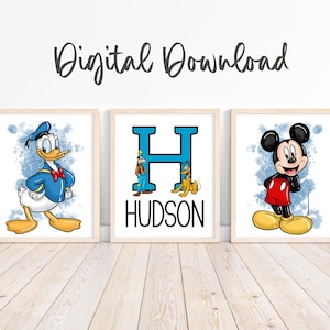 May include: Three framed prints featuring Disney characters. Donald Duck in a blue sailor suit, Mickey Mouse in red shorts, and a personalized print with the name "HUDSON" and the letter "H" with Goofy and Pluto. The words "Digital Download" are at the top.