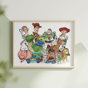 May include: A framed print featuring a colorful illustration of characters from the animated movie Toy Story. The characters include Woody, Buzz Lightyear, Jessie, and others. The artwork is set against a white background.