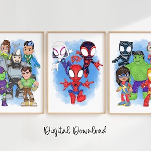 Web Team Hero Wandbild mit Aquarell-Spritzern - 3er-Set Digitaldrucke, Kinderzimmer oder Spielzimmer Dekor, Sofortdownload