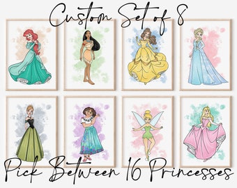 May include: Set of eight framed art prints featuring watercolor illustrations of Disney princesses. Each princess is depicted in her iconic attire, set against a colorful, abstract background. The text "Custom Set of 8" and "Pick Between 16 Princesses" is displayed.