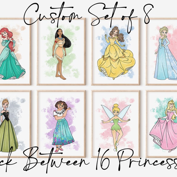 Conjunto personalizado de 8 arte de pared inspirado en princesas DIGITAL, su elección de 8 princesas, impresiones de guardería, decoración de habitaciones para niñas, descarga instantánea