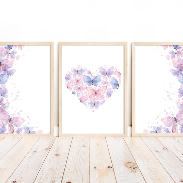 Set of 3 Colorful Butterfly Wall Art and Watercolor Heart Print, Girls Room Decor, Printable Art, Pink Watercolor, Baby Girl Nursery