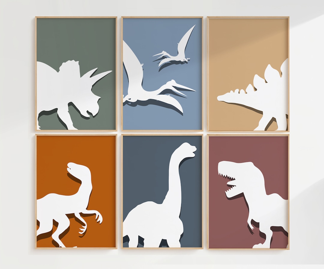 Digital Silhouette Dinosaurs Wall Art With Shadows in 7 Colors, Set of ...
