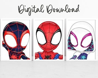 Spidey & Friends Nursery Prints – Set of 3 Superhero Kids Room Wall Art (Digital Download)