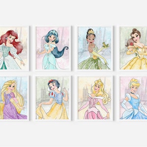 Arte de pared de princesas, conjunto de 8 grabados, arte de princesa en acuarela, decoración de habitación para niñas, tema de princesa, arte de cuento de hadas