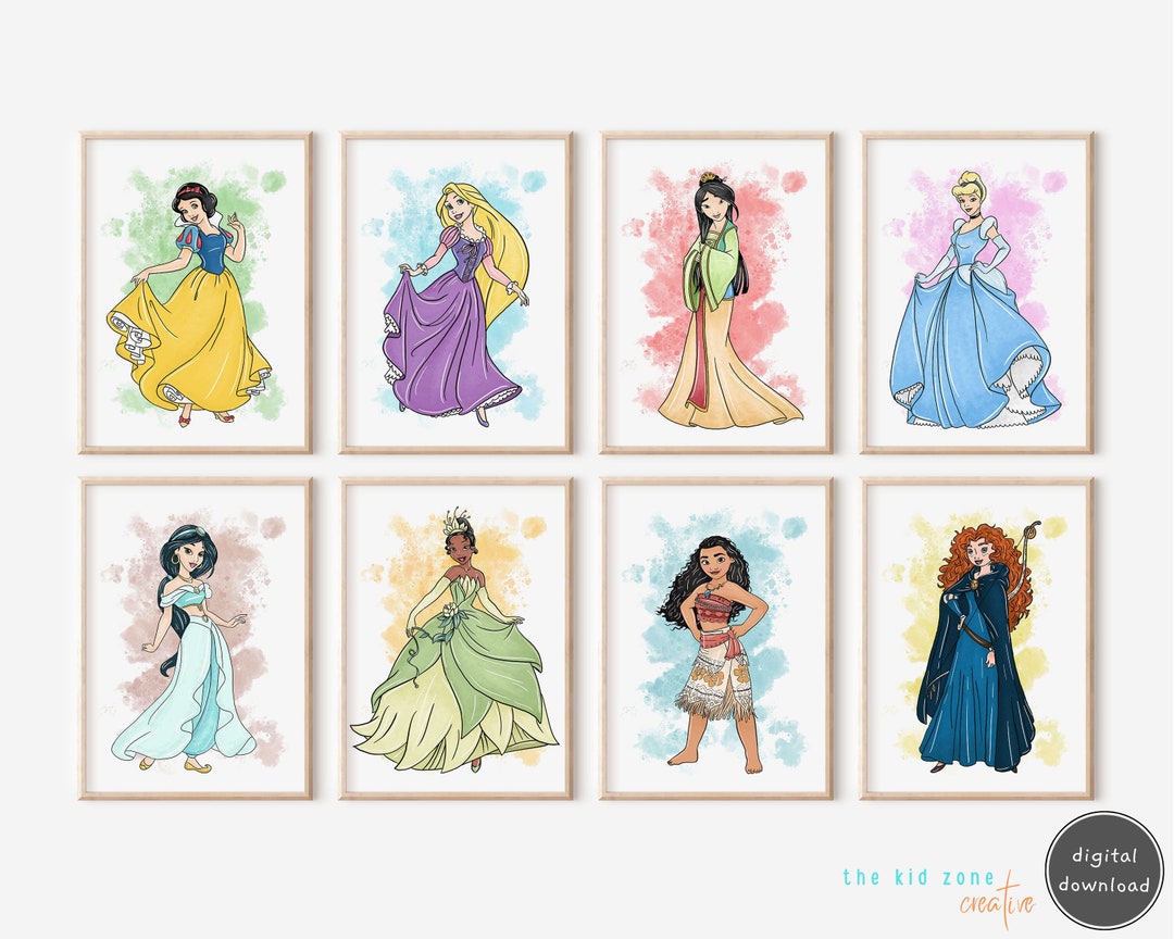 Vibrant & Adorable Set of 8 Digital Princess Prints set 1, Nursery Wall ...