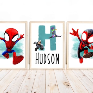 Arte de parede com nome personalizado de herói aranha – Conjunto de 3 impressões digitais personalizadas para quarto infantil ou berçário, download instantâneo, estilo de pintura a óleo digital
