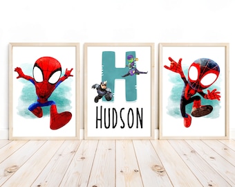 Superhero Nursery Prints: Set of 3 Custom Name Spidey Playroom Wall Art (Digital Download)