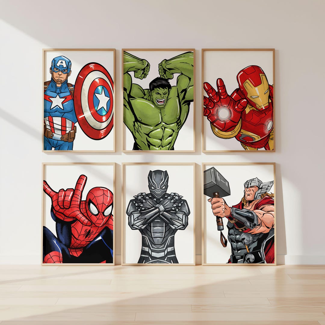 Set 4 Poster Supereroi Avengers - Stile Acquerello - 20x25 Cm - Decorazione Camera Bambini E Ragazzi - Stampe Di Qualità
