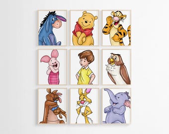 Winnie and Friends Nursery Prints: Set of 9, Printed or Framed Wall Art