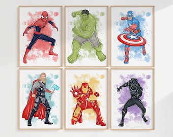 Superhero Nursery Wall Art – Boys Room Decor, Set of 6 Prints (Printed or Framed)