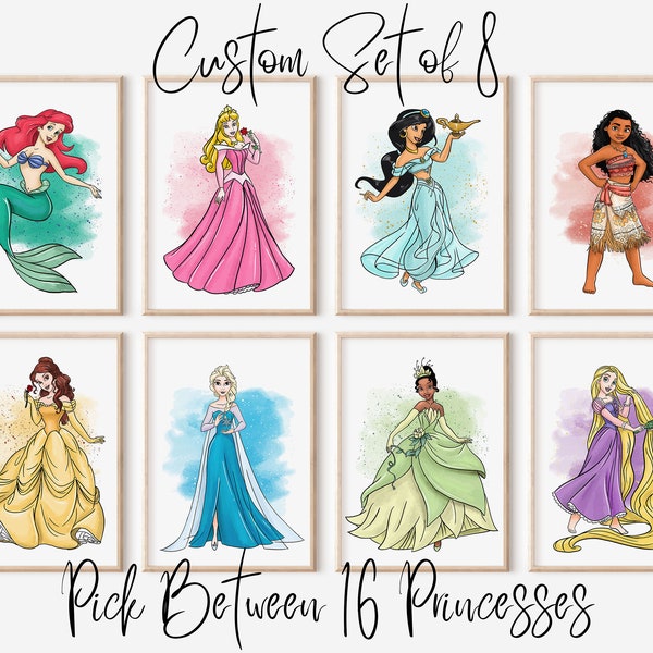 Conjunto personalizado de 8 arte de pared inspirado en princesas, su elección de 8 princesas, impresiones de guardería, decoración de habitaciones para niñas, descarga instantánea