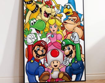 マリオと仲間たちのウォールアート – 子供向けゲームルーム用プリント