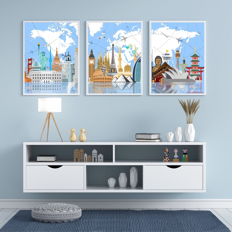 World Map Set Landmarks Printable Travel Art Home Decor Digital Print