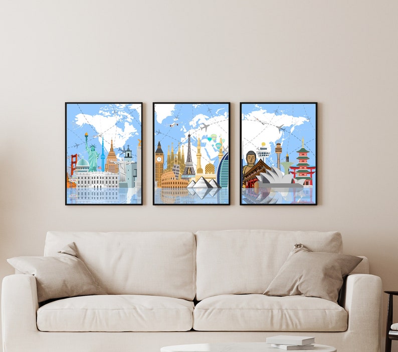 World Map Set Landmarks Printable Travel Art Home Decor Digital Print