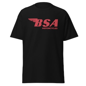 May include: Black t-shirt with a red logo that says "BSA Motorcycles".