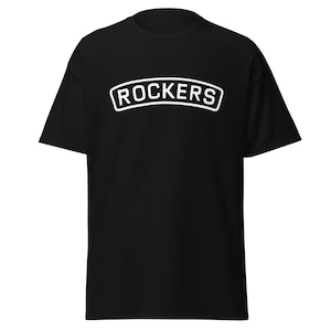 May include: Black t-shirt with a white arched graphic that says "ROCKERS".