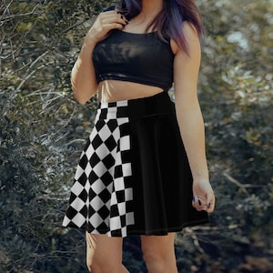 Checker Print Black Skater Skirt, Pastel Gothic Punk Grunge Skirt, Decora Kei, Pastel Goth Clothing, Mori Kei, Yami Kawaii, High Waist Skirt