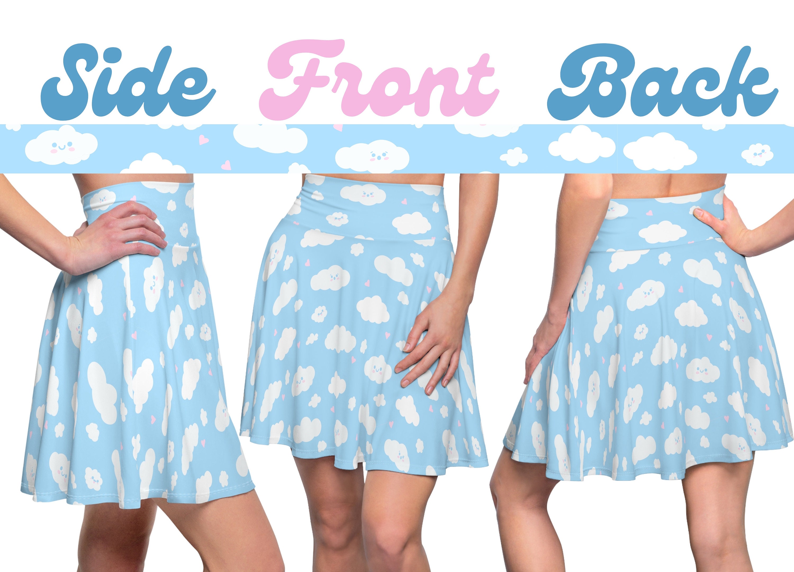 Kawaii Clouds Women's Skater Skirt, Kawaii Skirt, Pastel Skater Skirt