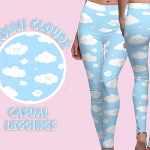 Kawaii Clouds Casual Leggings, Kawaii Leggings, Pastel Goth Clothing, Fairy Kei, Mori Kei, Yami Kawaii, Cute Clouds, Fairycore Clothing