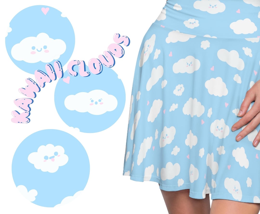 Kawaii Clouds Women's Skater Skirt, Kawaii Skirt, Pastel Skater Skirt