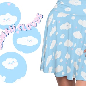 Kawaii Clouds Women&#39;s Skater Skirt, Kawaii Skirt, Pastel Skater Skirt, Fairy Kei, Pastel Goth Clothing, Mori Kei, Yami Kawaii, Cute Clouds