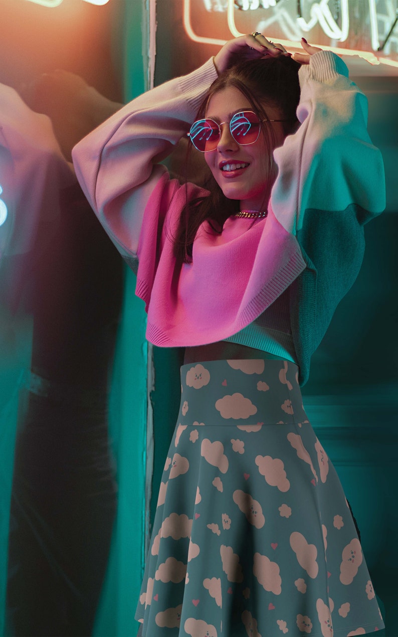 Kawaii Clouds Women's Skater Skirt, Kawaii Skirt, Pastel Skater Skirt