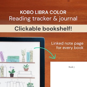 以下が含まれることがあります： Kobo Libra Colorの電子書籍リーダーは、クリック可能な本の表紙を持つデジタル本棚を表示しています。各本の表紙には番号とタイトルがあります。本棚は木製の表面にあります。画像の右側には「Linked note page for every book」というテキストが表示されています。画像の右側にある白いページには「Book 7」というテキストが表示されています。