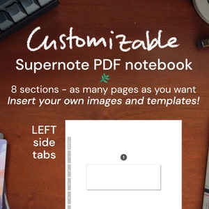 Può includere: Un quaderno Supernote PDF personalizzabile con 8 sezioni e schede sul lato sinistro. Il quaderno ti consente di inserire le tue immagini e modelli.