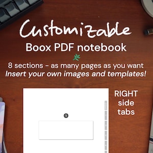 May include: A customizable Boox PDF notebook with 8 sections and right side tabs. The notebook allows you to insert your own images and templates. The image shows a sample page with a blank space for notes and an index with numbers 1 through 4.