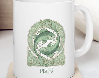Taza del zodiaco Piscis, diseño Art Nouveau de pez verde, taza de café astrológica, regalo celestial bohemio, taza de regalo de cumpleaños, taza del signo zodiacal Piscis