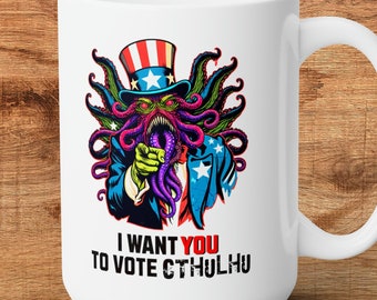 Vote Cthulhu Mug, Vote Cthulhu CoffeeCup, Cthulhu For President, Funny 2024 Election Mug, HP Lovecraft Gift, Political Satire, Horror Mug