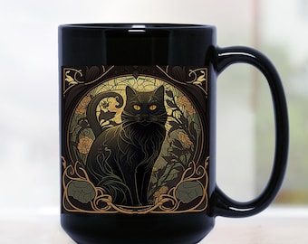 Black Cat Art Nouveau Mug: Spooky Cat Mom Coffee Cup